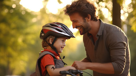 Happy family father puts on son helmet for safe cycling.の素材