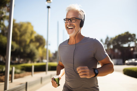 Happy mature man wearing headphones with water bottleの素材