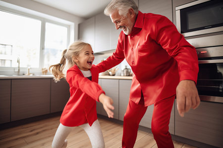 Happy grandfather and granddaughter dancing to music.の素材
