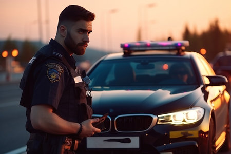 Highway Traffic Patrol Car Pulls over Vehicle on the streetの素材