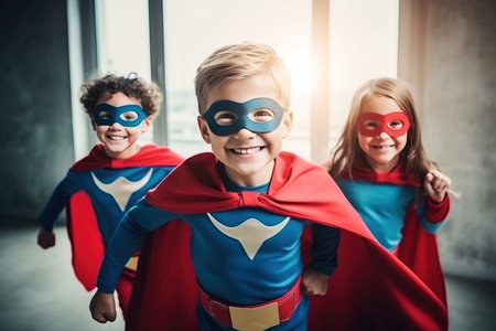 Joyful girls students kids celebrate successful completion of collective school work in a bright classroomの素材
