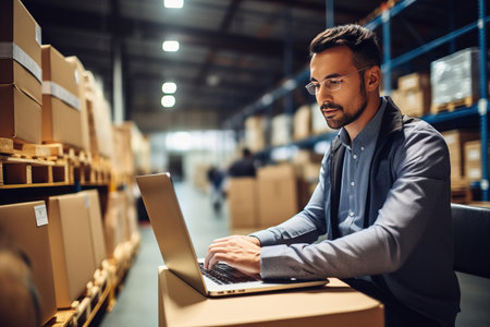 Male Inventory Manager Using Laptop Computer in Store.の素材