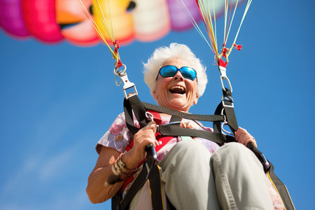 Mature senior female on a parachute.の素材