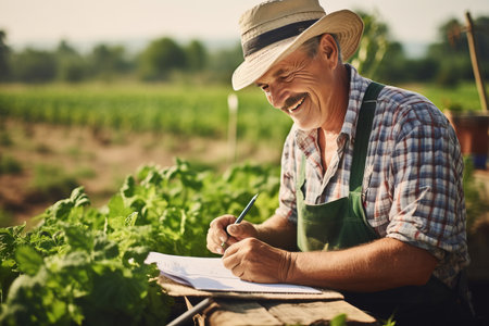 Mature man working on field as farmer.の素材