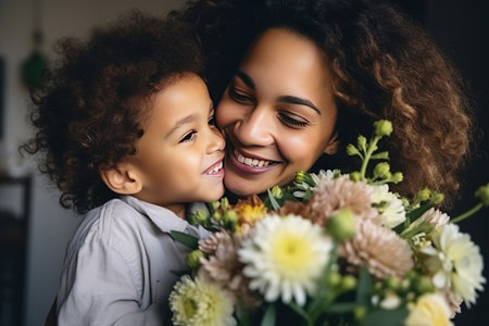 Young ethnic woman mother with flower bouquet embracing son while getting congratulations on Mother's dayの素材