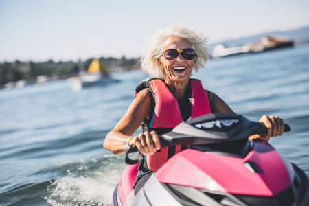 Portrait of mature senior female on jet skiの素材