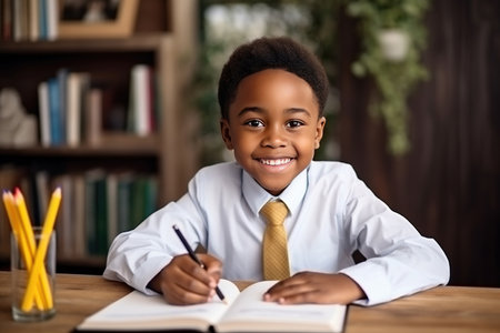 Smiling african american child school boy doing homework while sitting at desk at home.の素材