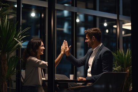 Successful Young Small Business Owners Communicating at a Meeting in Office at Night. Beautiful Female and Handsome Male Discussing Corporate Agenda and Opportunities. Managers High Five Each Otherの素材