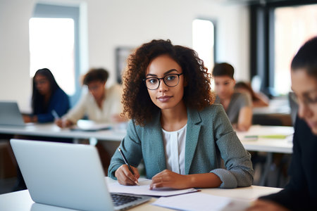 Portrait of Young Biracial Woman Taking Notes at Her Desk While Looking for References on the Laptop. Busy Employees Are Collaborating in the Backgroundの素材