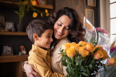 Young ethnic woman mother with flower bouquet embracing son while getting congratulations on Mother's dayの素材