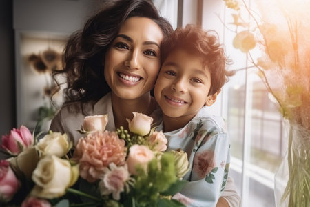 Young ethnic woman mother with flower bouquet embracing son while getting congratulations on Mother's dayの素材