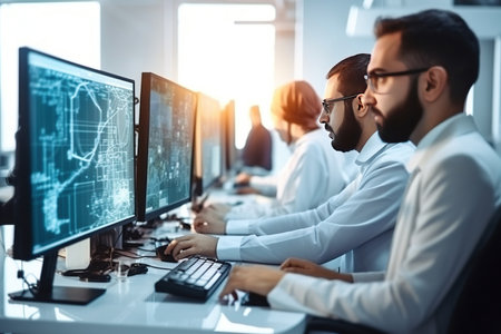 Team of Talented Young Middle Eastern Professionals Working in a Technological Research and Development Agency. Computer Screens with Software Code and Technical Neural Network Diagramsの素材