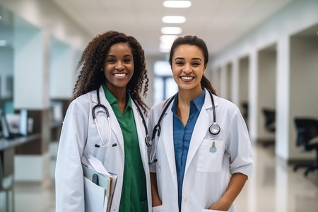 Two Young Doctors Standing in a Medical Facility in the Hospital, Talking and Sharing Information on Tablet Computer. Modern Hospital with Diverse Multiethnic Professional Health Care Personnelの素材