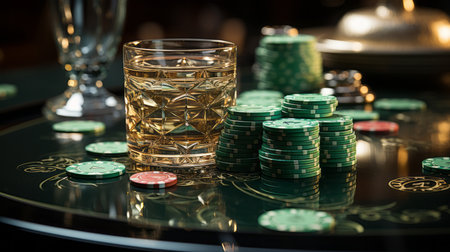 A casino table with poker chips.の素材