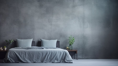 A bed was made in the bedroom, in the style of matte background, concrete, soft light.の素材