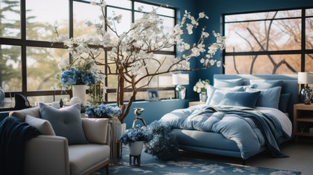 A blue and white bedroom with a baby crib and bedの素材