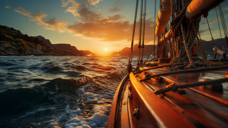 A boat with sail wheel at sunset, in the style of photorealistic pasticheの素材