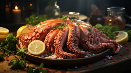 An octopus with onions and mustard on a plateの素材