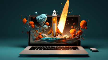 a rocket ship flying above a laptop with a rocket launcher/の素材