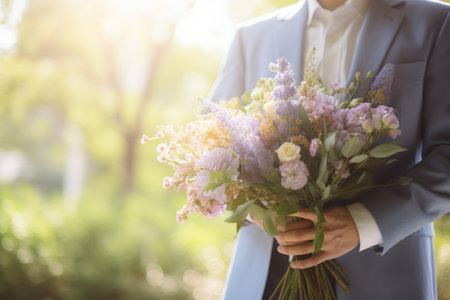 a man in a suit holding flowers.の素材