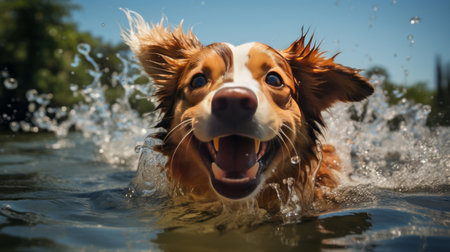 A swimming dog in a waterの素材