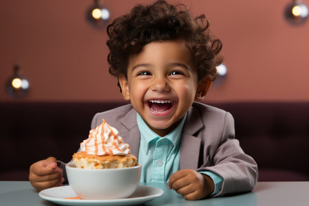 A South Asian baby smashing a cake in photo studioの素材