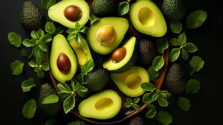 An overhead view of a perfectly sliced avocadoの素材