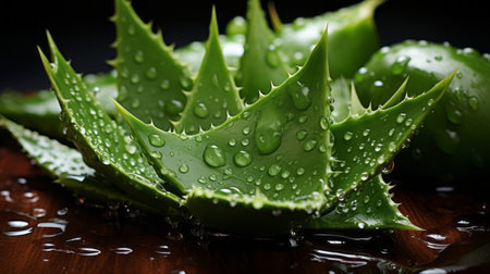 Aloe leaves with droplets of waterの素材