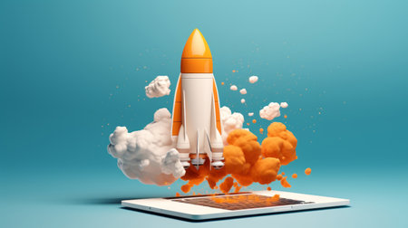 a rocket ship flying above a laptop with a rocket launcher/の素材