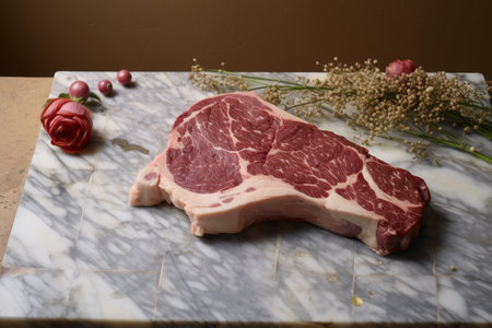 a steak is placed on a board with spicesの素材