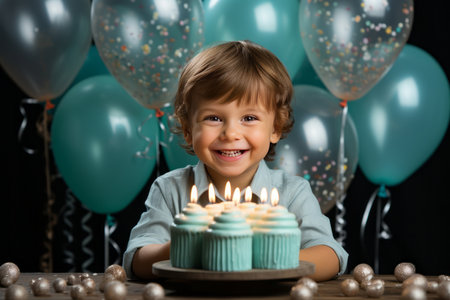 A small happy boy holding up a birthday cake to the camera, on a pastel blue background. there are balloons and streamers in the backgroundの素材