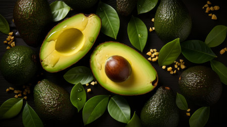 An overhead view of a perfectly sliced avocadoの素材