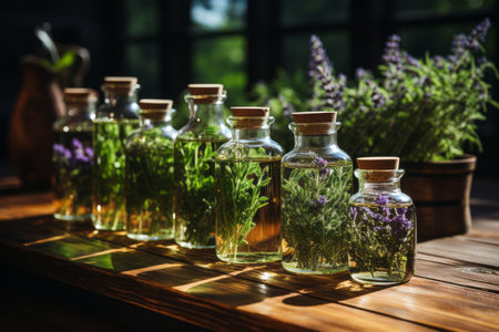 An assortment of essential oil bottles with fresh plants from which they're derived, like lavender, peppermint, and rosemary, arranged on a wooden surfaceの素材