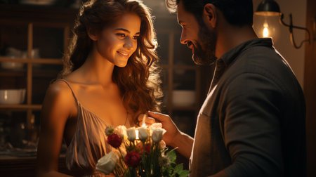 Cinematic image of supermodel dark haired guy giving flower bouquet to 25 year old girl wearing modest dress smiling exquisite detail.の素材