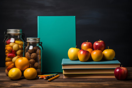 Back to school concept with erased chalkboard and basic suppliesの素材