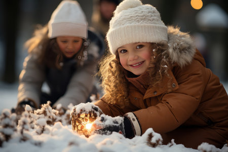 Children building a snowman in a winter wonderland, Christmasの素材