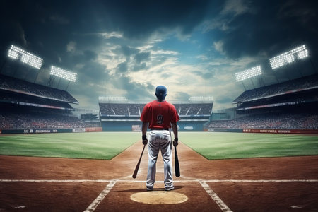 baseball player with bat on baseball field, in the style of spectacular backdrops.の素材