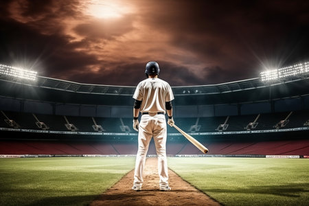 baseball player with bat on baseball field, in the style of spectacular backdrops.の素材