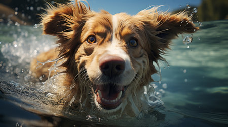A swimming dog in a waterの素材