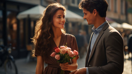 Cinematic image of supermodel dark haired guy giving flower bouquet to 25 year old girl wearing modest dress smiling exquisite detail.の素材