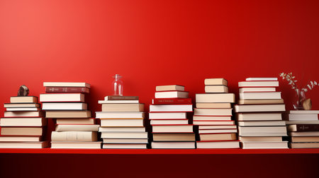 Books and notebooks in row with opened notebook on top and copy space on red backgroundの素材