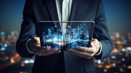 Businessperson holding tablet with city icons on it, in the style of planar art, nightscapes, night photographyの素材