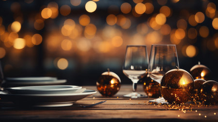 christmas table background with christmas tree lighting, in the style of rustic core, yellow and brown, light black and brown, lens flaresの素材