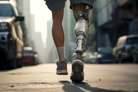 close-up of a prosthetic leg of a person with a running shoe on against the background of a streetの素材