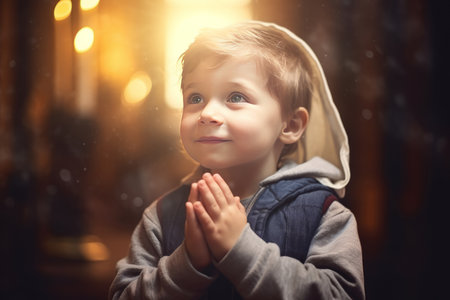 Cute small boy praying in the church and Jesus giving blessing, cinematic effect, studios lightの素材