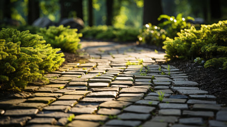 Garden path paving stones and grass.の素材