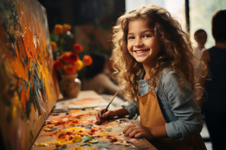Girl holding a paintbrush, facing the camera, drawing on a wooden table, children's room backgroundの素材