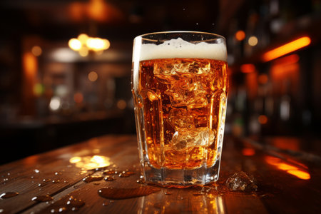 A refreshing and cold beer being poured into a glass in a bar.の素材