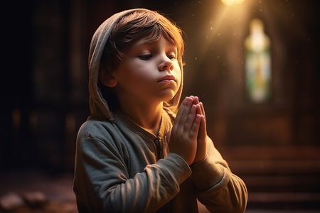 Cute small boy praying in the church and Jesus giving blessing, cinematic effect, studios lightの素材