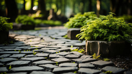 Garden path paving stones and grass.の素材